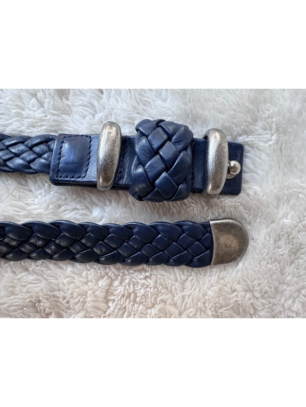 Vintage Navy blue braided leather belt featuring silver-tone hardware
